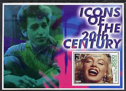 Somalia 2001 Icons of the 20th Century #01 perf s/sheet showing Marilyn Monroe with Bob Dylan in background unmounted mint, stamps on personalities, stamps on millennium, stamps on movies, stamps on films, stamps on music, stamps on marilyn, stamps on marilyn monroe