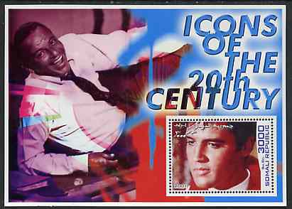 Somalia 2001 Icons of the 20th Century #05 perf s/sheet showing Elvis with Sinatra in background unmounted mint, stamps on , stamps on  stamps on personalities, stamps on  stamps on millennium, stamps on  stamps on music, stamps on  stamps on elvis, stamps on  stamps on sinatra
