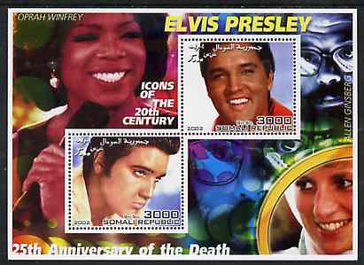 Somalia 2002 Elvis Presley 25th Anniversary of Death #02 perf sheetlet containing 2 values with Oprah Winfrey, Allen Ginsberg & Diana in background unmounted mint, stamps on personalities, stamps on millennium, stamps on music, stamps on elvis, stamps on films, stamps on cinema, stamps on  tv , stamps on royalty