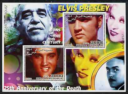 Somalia 2002 Elvis Presley 25th Anniversary of Death #03 perf sheetlet containing 2 values with Gabriel Garcia Marquez, Mae West & Charlie Chaplin in background unmounted mint, stamps on personalities, stamps on millennium, stamps on music, stamps on elvis, stamps on films, stamps on cinema, stamps on comedy, stamps on chaplin
