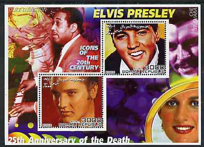Somalia 2002 Elvis Presley 25th Anniversary of Death #04 perf sheetlet containing 2 values with Duke Ellington, Che Guevara & Diana in background unmounted mint, stamps on personalities, stamps on millennium, stamps on music, stamps on elvis, stamps on films, stamps on cinema, stamps on jazz, stamps on royalty, stamps on diana, stamps on masonics, stamps on masonry