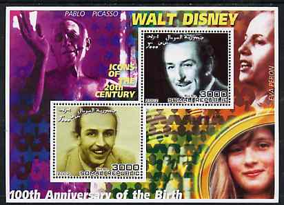 Somalia 2002 Birth Centenary of Walt Disney #01 perf sheetlet containing 2 values with Picasso. Eva Peron & Diana in background unmounted mint, stamps on personalities, stamps on millennium, stamps on disney, stamps on films, stamps on cinema, stamps on royalty, stamps on diana, stamps on arts, stamps on picasso