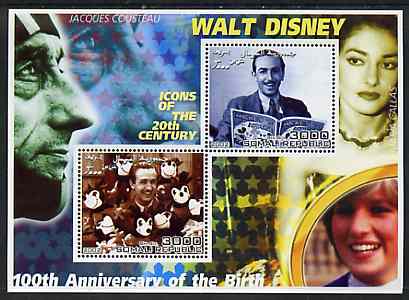 Somalia 2002 Birth Centenary of Walt Disney #02 perf sheetlet containing 2 values with Jacques Cousteau, Maria Callas & Diana in background unmounted mint, stamps on personalities, stamps on millennium, stamps on disney, stamps on films, stamps on cinema, stamps on royalty, stamps on diana, stamps on opera, stamps on music, stamps on diving