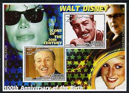 Somalia 2002 Birth Centenary of Walt Disney #03 perf sheetlet containing 2 values with Michael Jackson, Agatha Christie & Diana in background unmounted mint, stamps on personalities, stamps on millennium, stamps on disney, stamps on films, stamps on cinema, stamps on royalty, stamps on diana, stamps on music, stamps on literature