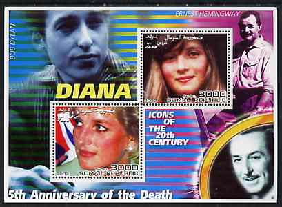Somalia 2002 Princess Diana 5th Anniversary of Death #01 perf sheetlet containing 2 values with Bob Dylan, Ernest Hemingway & Walt Disney in background unmounted mint, stamps on personalities, stamps on millennium, stamps on films, stamps on cinema, stamps on disney, stamps on royalty, stamps on diana, stamps on literature, stamps on music
