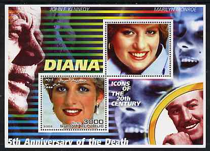 Somalia 2002 Princess Diana 5th Anniversary of Death #02 perf sheetlet containing 2 values with Marilyn, JF Kennedy & Walt Disney in background unmounted mint. Note this item is privately produced and is offered purely on its thematic appeal, stamps on personalities, stamps on millennium, stamps on films, stamps on cinema, stamps on disney, stamps on royalty, stamps on diana, stamps on marilyn, stamps on kennedy, stamps on marilyn monroe