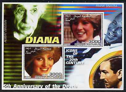 Somalia 2002 Princess Diana 5th Anniversary of Death #03 perf sheetlet containing 2 values with Einstein, Sinatra & Walt Disney in background unmounted mint, stamps on personalities, stamps on millennium, stamps on films, stamps on cinema, stamps on disney, stamps on royalty, stamps on diana, stamps on science, stamps on nobel, stamps on sinatra, stamps on judaica, stamps on personalities, stamps on einstein, stamps on science, stamps on physics, stamps on nobel, stamps on maths, stamps on space, stamps on judaica, stamps on atomics