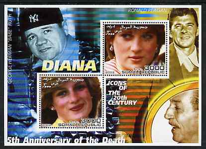 Somalia 2002 Princess Diana 5th Anniversary of Death #04 perf sheetlet containing 2 values with Babe Ruth, Ronald Reagan & Walt Disney in background unmounted mint, stamps on personalities, stamps on millennium, stamps on films, stamps on cinema, stamps on disney, stamps on royalty, stamps on diana, stamps on baseball, stamps on 