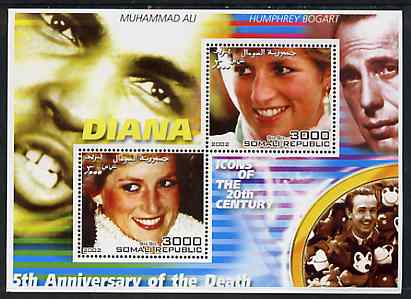 Somalia 2002 Princess Diana 5th Anniversary of Death #05 perf sheetlet containing 2 values with Muhammad Ali, Bogart & Walt Disney in background unmounted mint, stamps on personalities, stamps on millennium, stamps on films, stamps on cinema, stamps on disney, stamps on royalty, stamps on diana, stamps on boxing, stamps on islam