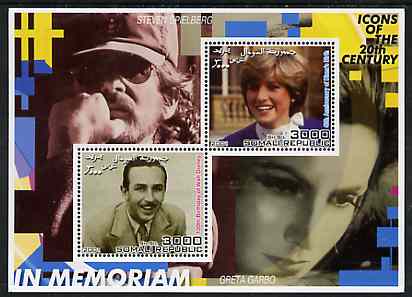 Somalia 2001 In Memoriam - Princess Diana & Walt Disney #01 perf sheetlet containing 2 values with Spielberg & Greta Garbo in background unmounted mint, stamps on , stamps on  stamps on personalities, stamps on  stamps on millennium, stamps on  stamps on films, stamps on  stamps on cinema, stamps on  stamps on disney, stamps on  stamps on royalty, stamps on  stamps on diana, stamps on  stamps on 