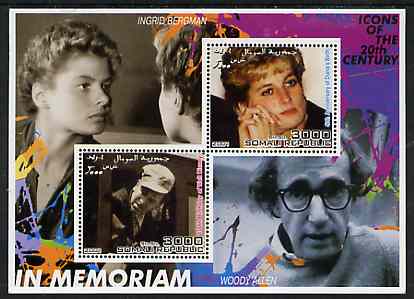 Somalia 2001 In Memoriam - Princess Diana & Walt Disney #03 perf sheetlet containing 2 values with Ingrid Bergman & Woody Allen in background unmounted mint, stamps on personalities, stamps on millennium, stamps on films, stamps on cinema, stamps on disney, stamps on royalty, stamps on diana, stamps on 