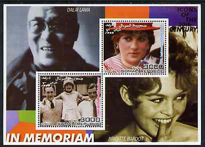 Somalia 2001 In Memoriam - Princess Diana & Walt Disney #05 perf sheetlet containing 2 values with Dalai Lama & Brigitte Bardot in background unmounted mint, stamps on , stamps on  stamps on personalities, stamps on  stamps on millennium, stamps on  stamps on films, stamps on  stamps on cinema, stamps on  stamps on disney, stamps on  stamps on royalty, stamps on  stamps on diana, stamps on  stamps on nobel, stamps on  stamps on peace