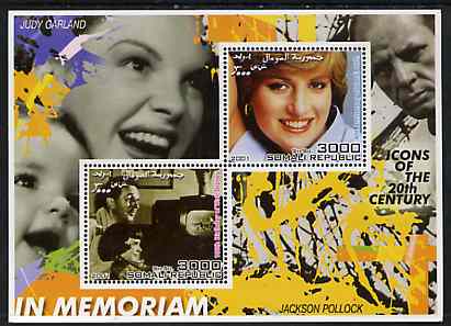 Somalia 2001 In Memoriam - Princess Diana & Walt Disney #06 perf sheetlet containing 2 values with Judy Garland & Jackson Pollock in background unmounted mint, stamps on personalities, stamps on millennium, stamps on films, stamps on cinema, stamps on disney, stamps on royalty, stamps on diana, stamps on arts