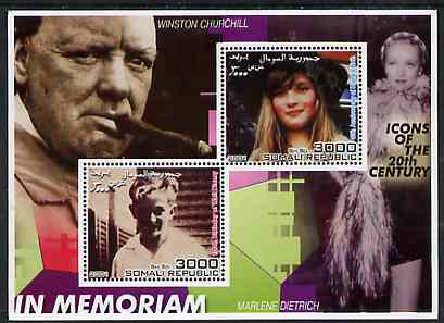 Somalia 2001 In Memoriam - Princess Diana & Walt Disney #07 perf sheetlet containing 2 values with Churchill & Marlene Dietrich in background unmounted mint, stamps on personalities, stamps on millennium, stamps on films, stamps on cinema, stamps on disney, stamps on royalty, stamps on diana, stamps on churchill