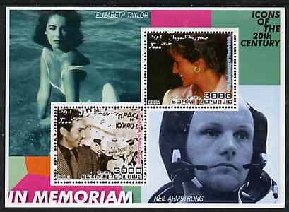 Somalia 2001 In Memoriam - Princess Diana & Walt Disney #09 perf sheetlet containing 2 values with Liz Taylor & Neil Armstrong in background unmounted mint, stamps on personalities, stamps on millennium, stamps on films, stamps on cinema, stamps on disney, stamps on royalty, stamps on diana, stamps on space