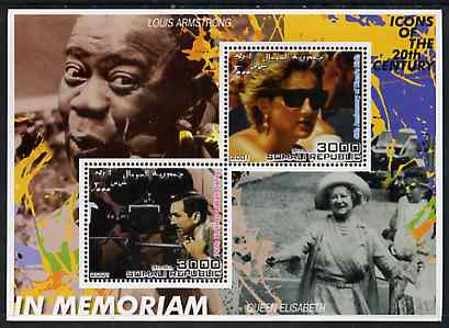 Somalia 2001 In Memoriam - Princess Diana & Walt Disney #10 perf sheetlet containing 2 values with Louis Armstrong & Queen Mother in background unmounted mint, stamps on personalities, stamps on millennium, stamps on films, stamps on cinema, stamps on disney, stamps on royalty, stamps on diana, stamps on jazz, stamps on music, stamps on queen mother