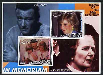Somalia 2001 In Memoriam - Princess Diana & Walt Disney #13 perf sheetlet containing 2 values with John Wayne & Margaret Thatcher in background unmounted mint, stamps on personalities, stamps on millennium, stamps on films, stamps on cinema, stamps on disney, stamps on royalty, stamps on diana, stamps on constitutions
