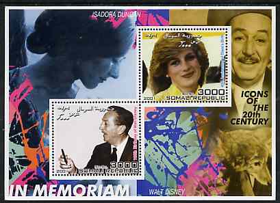 Somalia 2001 In Memoriam - Princess Diana & Walt Disney #15 perf sheetlet containing 2 values with Isadora Duncan in background unmounted mint, stamps on personalities, stamps on millennium, stamps on films, stamps on cinema, stamps on disney, stamps on royalty, stamps on diana, stamps on dancing