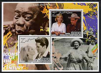 Somalia 2001 Icons of the 20th Century #12 - Elvis & Marilyn perf sheetlet containing 2 values with Louis Armstrong & Queen Mother in background unmounted mint, stamps on personalities, stamps on millennium, stamps on movies, stamps on films, stamps on music, stamps on marilyn, stamps on elvis, stamps on jazz, stamps on queen mother, stamps on , stamps on marilyn monroe