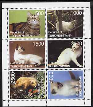 Turkmenistan 1998 Domestic Cats perf sheetlet containing 6 values unmounted mint, stamps on cats