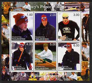 Tadjikistan 2000 Prince William - William in Sports perf sheetlet containing 6 values unmounted mint, stamps on royalty, stamps on william, stamps on sport, stamps on rowing