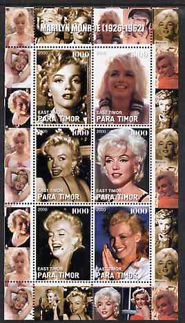 Timor (East) 2000 Marilyn Monroe #2 perf sheetlet containing 6 values unmounted mint, stamps on films, stamps on cinema, stamps on entertainments, stamps on music, stamps on personalities, stamps on marilyn monroe