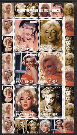 Timor (East) 2000 Marilyn Monroe #3 perf sheetlet containing 6 values unmounted mint, stamps on films, stamps on cinema, stamps on entertainments, stamps on music, stamps on personalities, stamps on marilyn monroe