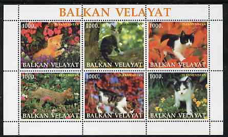 Turkmenistan (Balkan Velayat) 1999 ? Domestic Cats perf sheetlet containing 6 values unmounted mint, stamps on cats