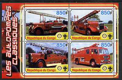 Congo 2005 Fire Engines #2 perf sheetlet containing set of 4 values each with Scout & Rotary Logos, unmounted mint, stamps on fire, stamps on scouts, stamps on rotary