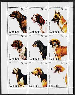 Karjala Republic 2000 Dogs (Working dogs) perf sheetlet containing complete set of 9 values, unmounted mint, stamps on dogs