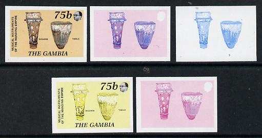 Gambia 1987 Musical Instruments 75b (Bugarab & Tabala) set of 5 imperf progressive colour proofs comprising blue & magenta individual colours, two 2-colour composites (blue & magenta and black & yellow) plus all 4 colours (ex one of the two Format archive sheets) as SG 686 unmounted mint*, stamps on music, stamps on musical instruments