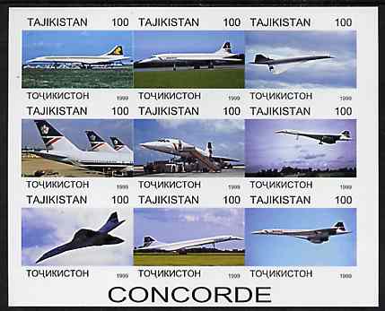 Tadjikistan 1999 Concorde imperf sheetlet containing complete set of 9 values unmounted mint, stamps on aviation, stamps on concorde