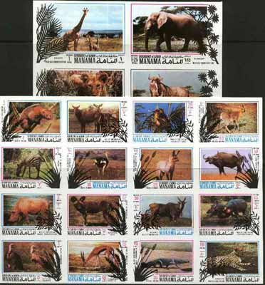 Manama 1971 Wild Life Conservation imperf set of 20 unmounted mint (Mi 514-33B) , stamps on animals, stamps on ostrich, stamps on cats, stamps on leopards, stamps on zebra, stamps on giraffe, stamps on elephants, stamps on gnu