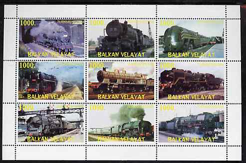 Turkmenistan (Balkan Velayat) 1999 ? Steam Locos perf sheetlet containing 9 values unmounted mint, stamps on railways