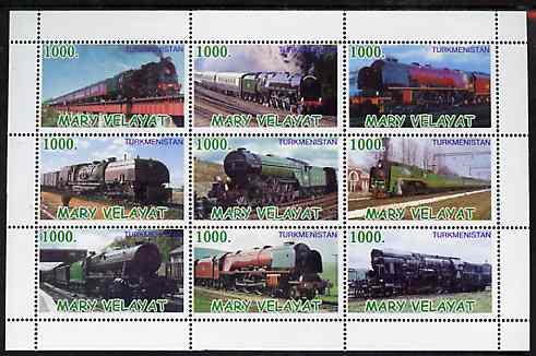 Turkmenistan (Mary Velayat) 1999 ? Steam Locos perf sheetlet containing 9 values unmounted mint, stamps on railways