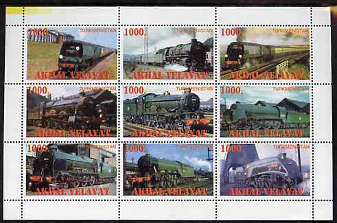 Turkmenistan (Akhal Velayat) 1999 ? Steam Locos perf sheetlet containing 9 values unmounted mint, stamps on railways