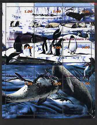 Ukranian Antarctic Post 2000 ? Polar Life #1 composite perf sheetlet containing 9 values unmounted mint, stamps on polar, stamps on animals, stamps on penguins, stamps on birds, stamps on seals, stamps on wales