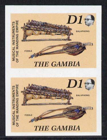 Gambia 1987 Musical Instruments 1d (Balaphong & Fiddle) imperf pair as SG 687*, stamps on music, stamps on musical instruments