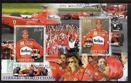 Adigey Republic 2000 Ferrari - World Champions rouletted sheetlet containing 2 values unmounted mint, stamps on cars, stamps on racing cars, stamps on ferrari, stamps on  f1 , stamps on formula 1, stamps on 