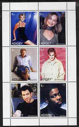 Adigey Republic 2000 Film Stars perf sheetlet containing 6 values unmounted mint (Harrison Ford, Cameron Diaz etc), stamps on personalities, stamps on films, stamps on cinema, stamps on entertainments, stamps on movies