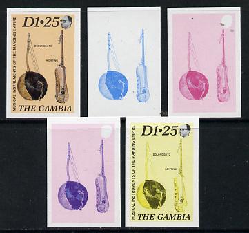 Gambia 1987 Musical Instruments 1d25 (Bolongbato & Konting) set of 5 imperf progressive colour proofs comprising blue & magenta individual colours, two 2-colour composite..., stamps on music, stamps on musical instruments