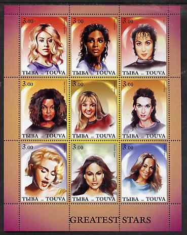 Touva 2001 Greatest Stars #4 (Female) perf sheetlet containing 9 values unmounted mint , stamps on personalities, stamps on films, stamps on cinema, stamps on entertainments, stamps on movies, stamps on women