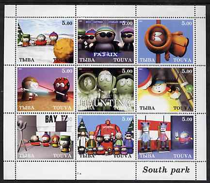 Touva 2001 South Park perf sheetlet containing 9 values unmounted mint , stamps on personalities, stamps on films, stamps on cinema, stamps on entertainments, stamps on  tv , stamps on cartoons, stamps on 