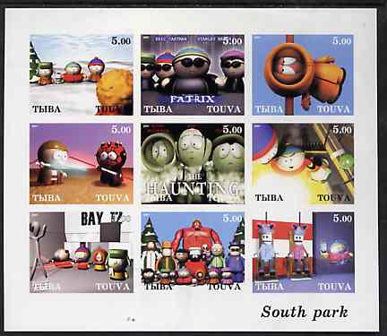 Touva 2001 South Park imperf sheetlet containing 9 values unmounted mint , stamps on personalities, stamps on films, stamps on cinema, stamps on entertainments, stamps on  tv , stamps on cartoons, stamps on 