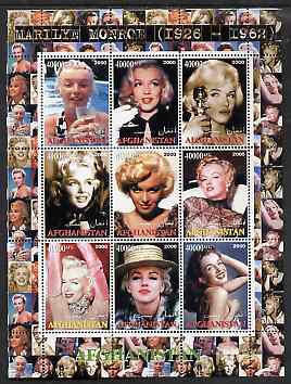Afghanistan 2000 Marilyn Monroe #1 perf sheetlet containing set of 9 values unmounted mint, stamps on personalities, stamps on women, stamps on films, stamps on movies, stamps on cinema, stamps on entertainments, stamps on marilyn, stamps on marilyn monroe
