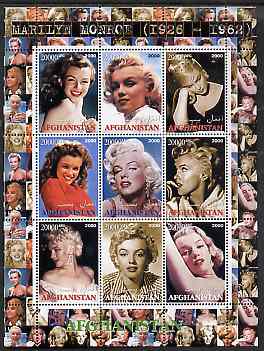 Afghanistan 2000 Marilyn Monroe #3 perf sheetlet containing set of 9 values unmounted mint, stamps on personalities, stamps on women, stamps on films, stamps on movies, stamps on cinema, stamps on entertainments, stamps on marilyn, stamps on marilyn monroe