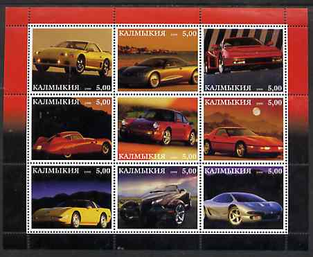 Kalmikia Republic 1999 Modern Sports Cars perf sheetlet containing complete set of 9 values unmounted mint, stamps on cars