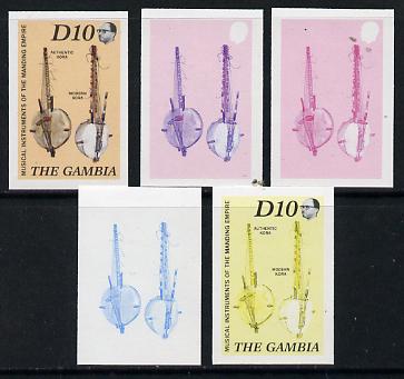 Gambia 1987 Musical Instruments 10d (Koras) set of 5 imperf progressive colour proofs comprising blue & magenta individual colours, two 2-colour composites (blue & magent..., stamps on music, stamps on musical instruments