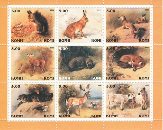 Komi Republic 2000 Animals perf sheetlet containing complete set of 9 values unmounted mint, stamps on animals, stamps on squirrels, stamps on rabbits, stamps on deer, stamps on hedgehogs, stamps on foxes, stamps on cows, stamps on bovine, stamps on 