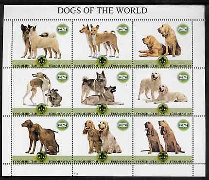 Turkmenistan 2001 ? Dogs of the World perf sheetlet containing 9 values each with Scout logo unmounted mint, stamps on dogs, stamps on scouts